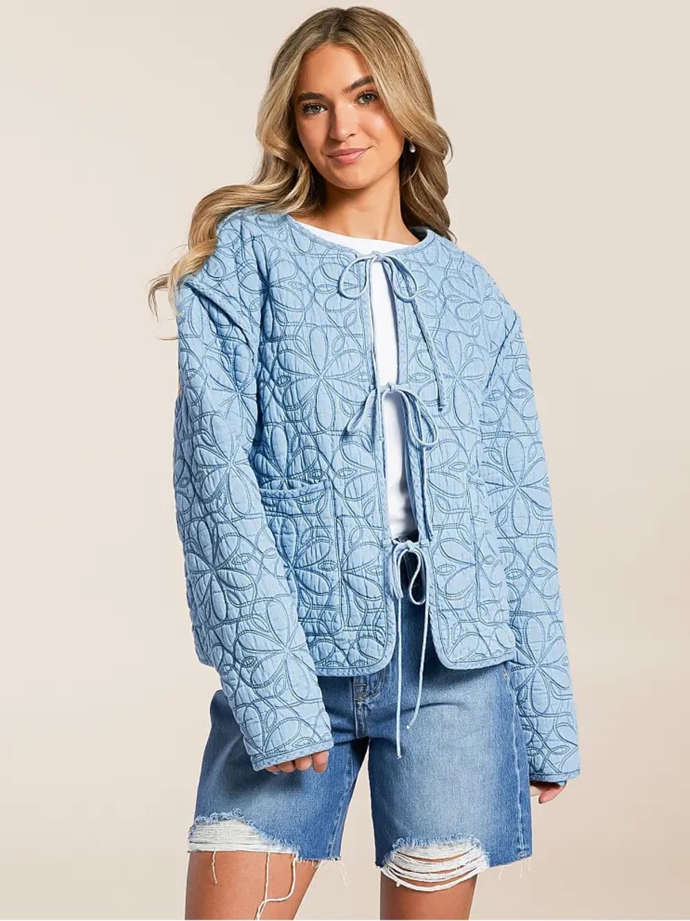 C&C California Light Blue Quilted Tie-Front Jacket - Picture 3 of 9